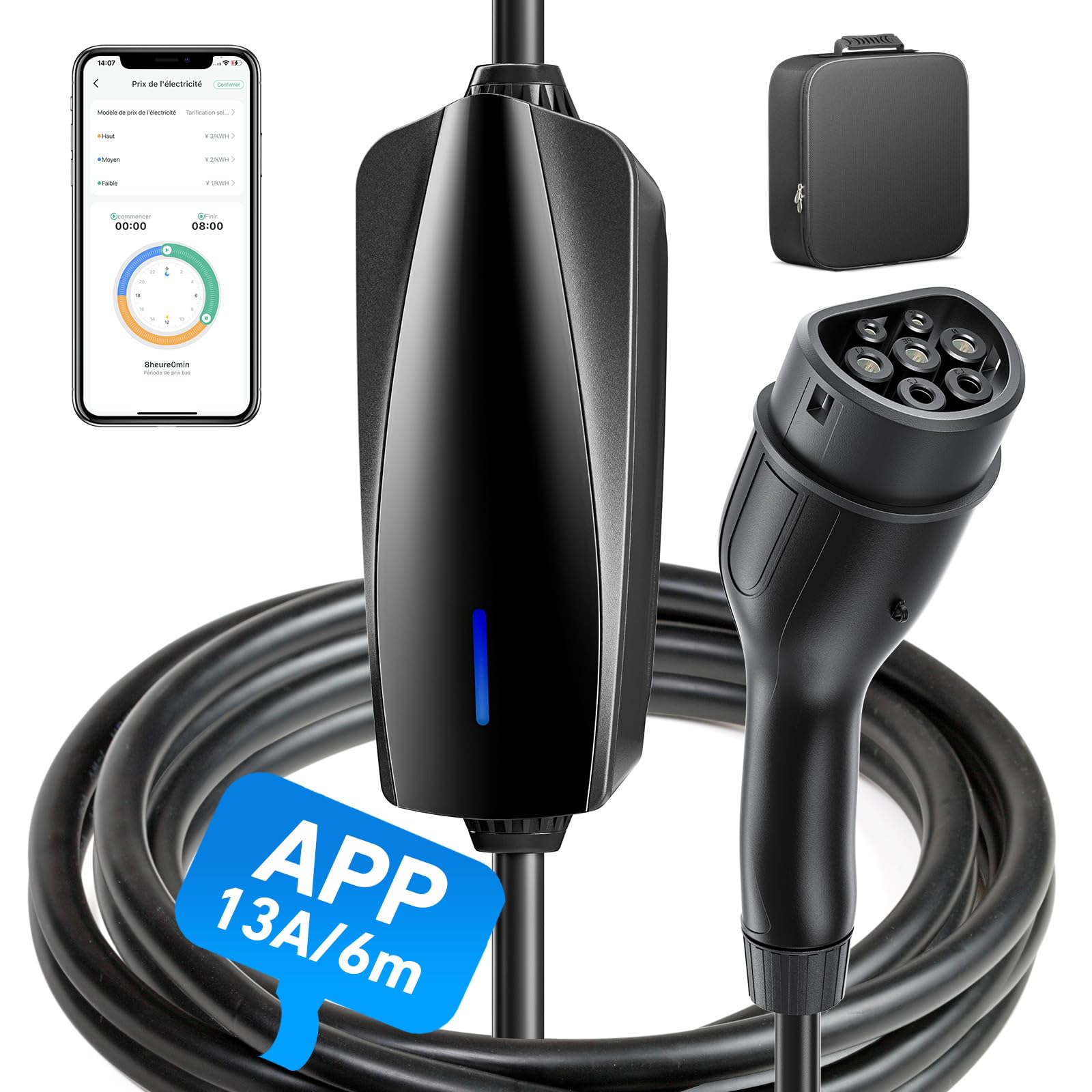 dé Chargeur Voiture Electrique 3,68kW [15m, 6/8/10/13/16A] Cable de Recharge Type 2 avec LCD écran Numérique Contrôlable, Compatible avec e-208, Spring, 500e, Model 3, Megane EV, Zoe, PHEV/EV