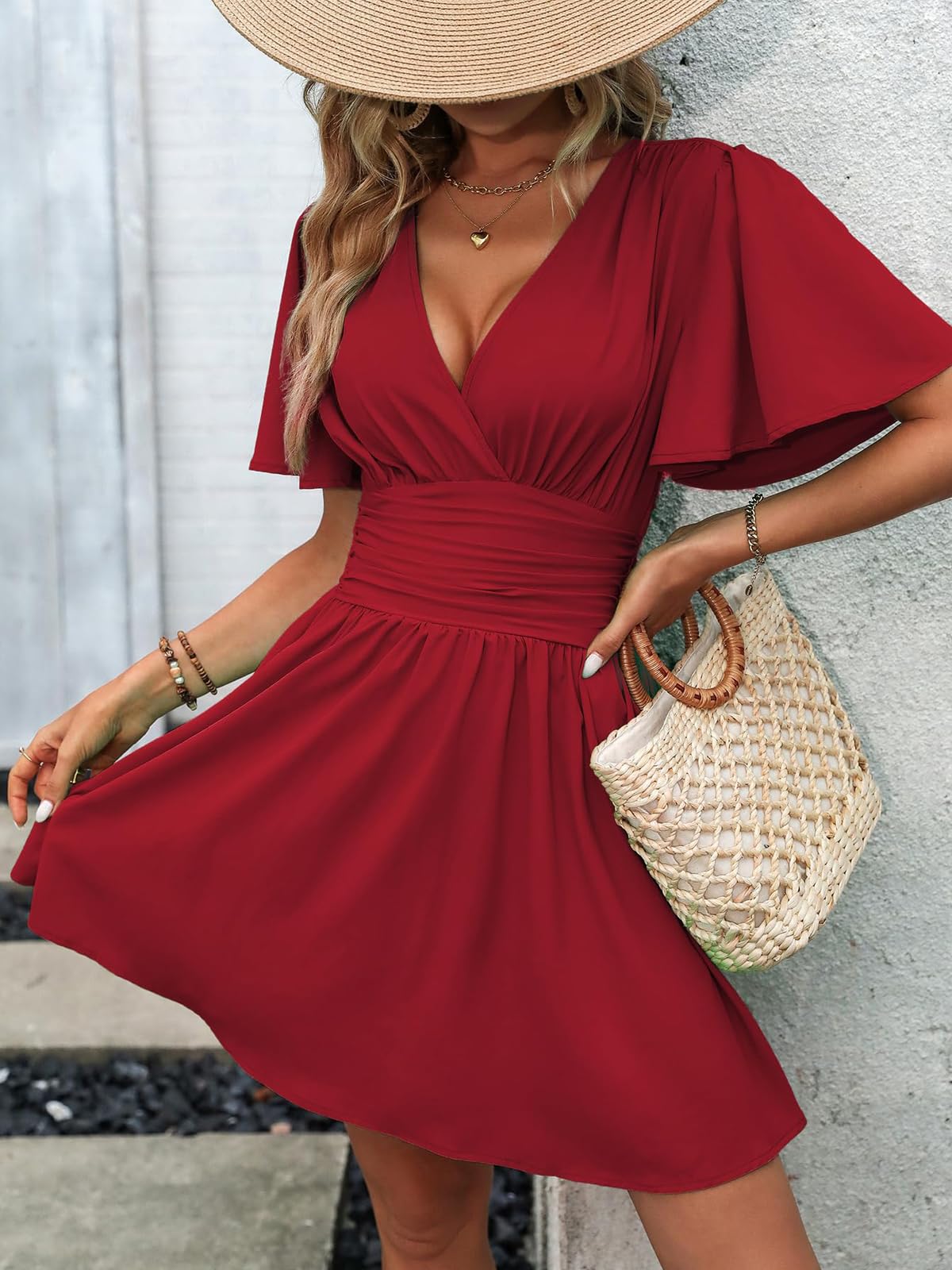 LIAMERHE Mini Robe Femme Manches Longues/Manches Courtes Col V Chic et Elegant Robes Manches Lanternes D'été et Hiver A-Line Casual Robe Casual pour Fête Noël Mariage