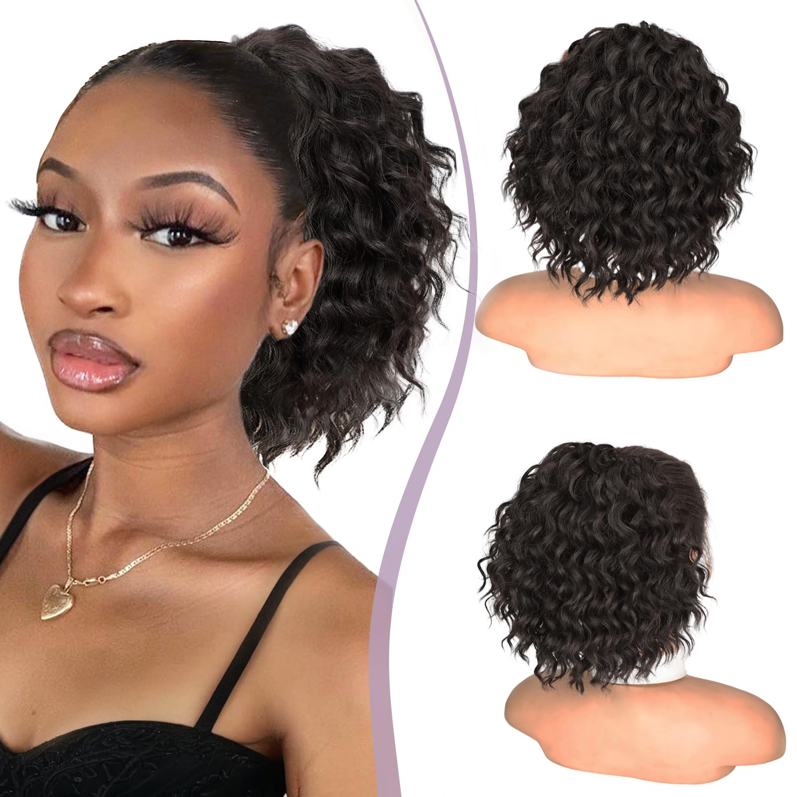 Isaic Ponytail Extension 8 Inch Short Curly Ponytails Drawstring Ponytail for Black Women Natural Black Wavy Pony Tails Hair Extensions Synthetic
