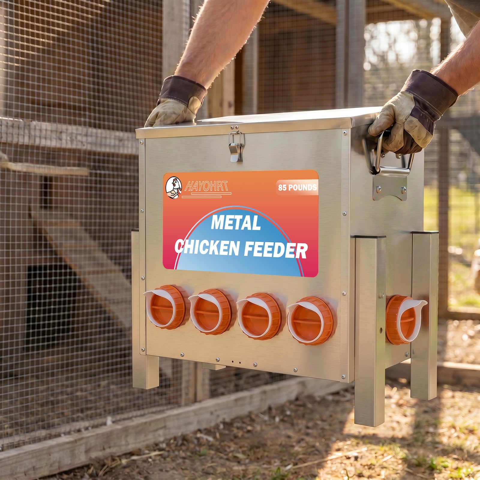 Alimentador automático de pollos de 85 libras, 6 puertos, alimentador de pollo alimentado por gravedad grande con patas ajustables, pestillo de ventana y mango para pollos, bantamos, faisanes
