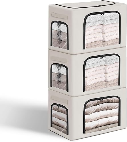 Paquete de 3 contenedores apilables de almacenamiento de ropa de 40L con asas de marco de metal y cremallera, caja organizadora plegable con tapa