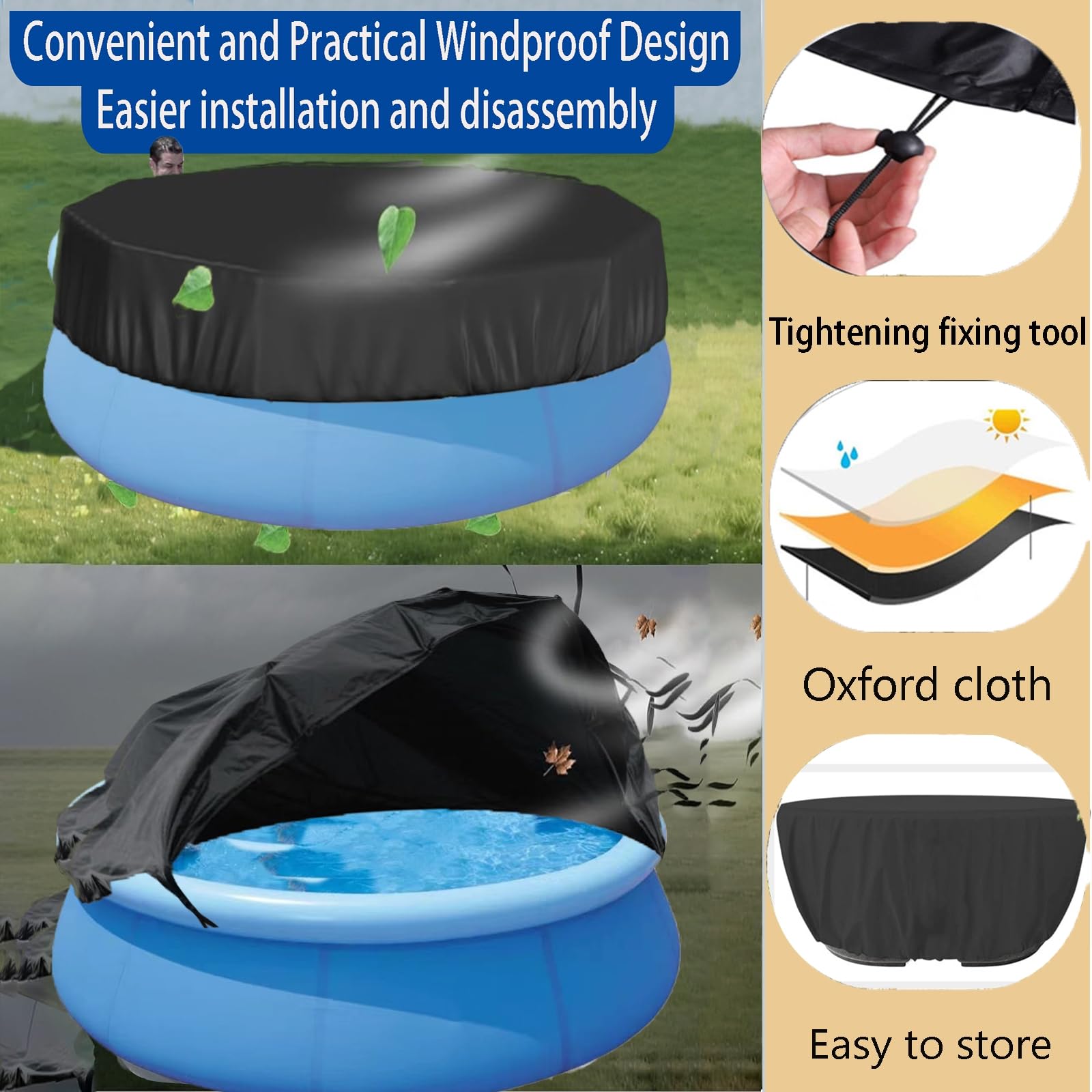 Copertura per Piscina Rotonda,Copertura per Vasca Idromassaggio,Impermeabile e Antipolvere,Esterno Portatile Patio Coperturas Protettiva per Piscina con Coulisse,Giallo,366 * 20cm