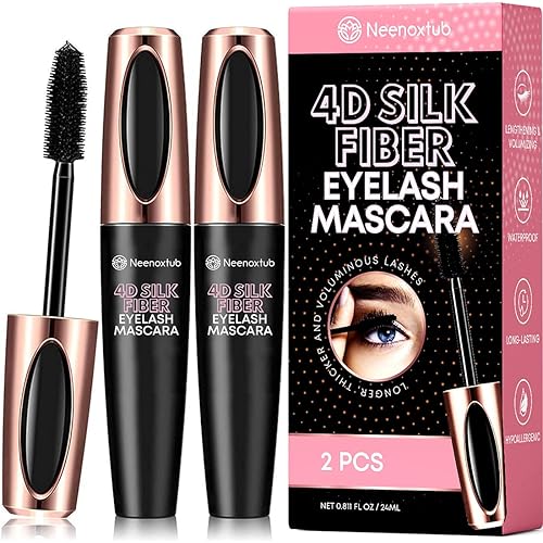 Neenoxtub 4D Silk Fiber Lash Mascara, Lengthening and Thick, Long Lasting, Waterproof & Smudge-Proof, Hypoallergenic Formula 2 Pack Black