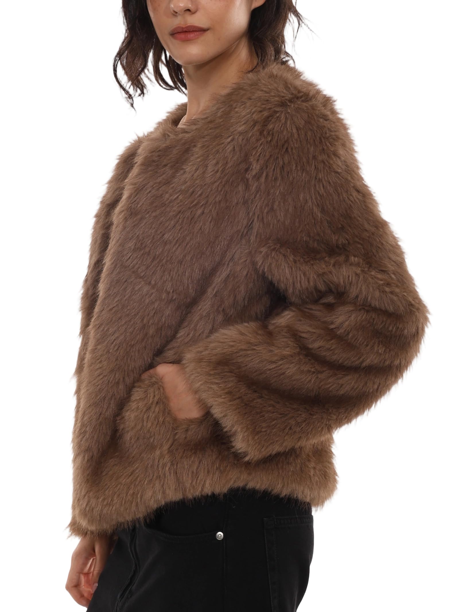 Amazhiyu Cappotto da donna in pelliccia sintetica con tasche, aperto sul davanti, invernale, a maniche lunghe, girocollo, caldo cardigan