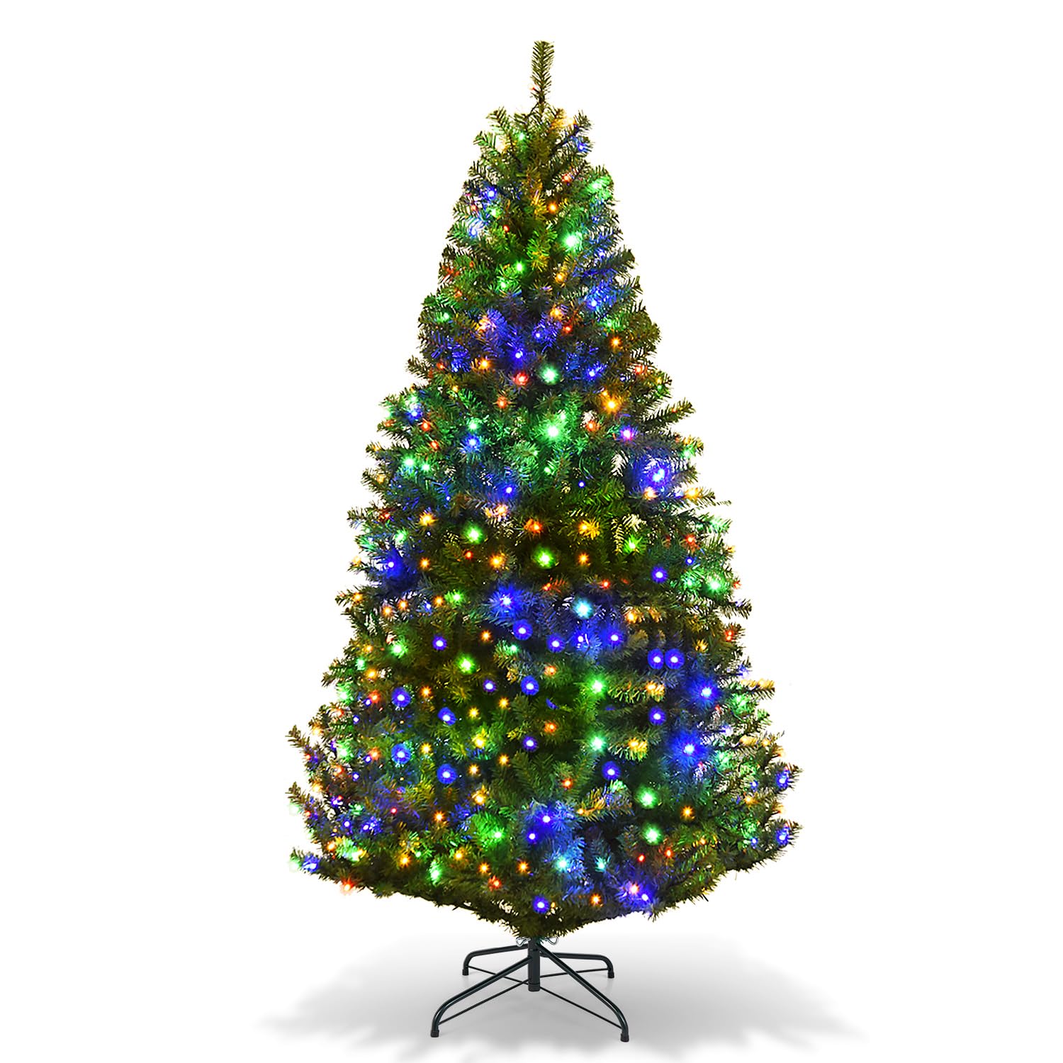 GOPLUS Sapin de Noël Artificiel Lumineux 180 CM, LED Lumière 4 Couleurs et Blanche Chaude, 11 Modes d’Éclairage, Feuilles en PVC, Support en Fer, Vert