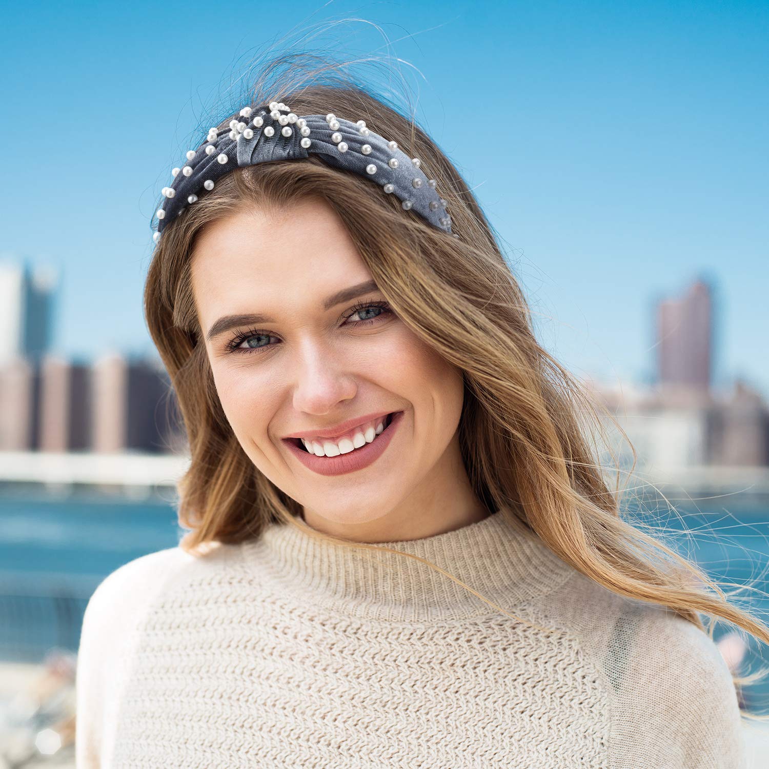 CHIC’  VELVET BEIGE LADIES PEARL HEADBAND *NEW* IVORY PEARL EMBELLISHED VELVET GIGI HEADBAND | Bella Bridesmaids main image 3