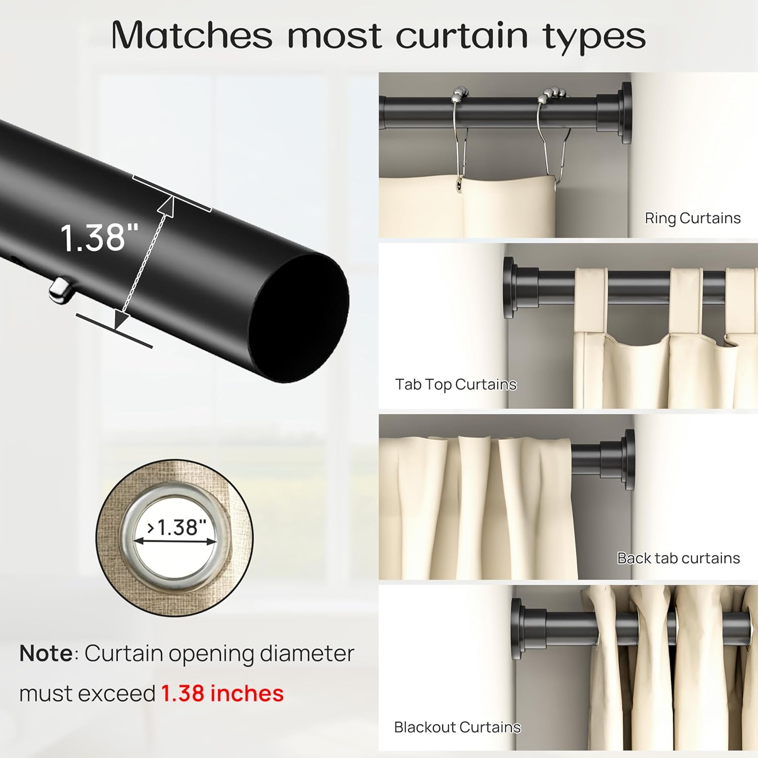 ALLZONE Tension Curtain Rods 120 to 160 Inches, Curtain Rods No Drilling, Extra Long Tension Rod for Room Divider, Outdoor Curtains Rod for Patio, Bedroom, 3 Installation Methods, Black