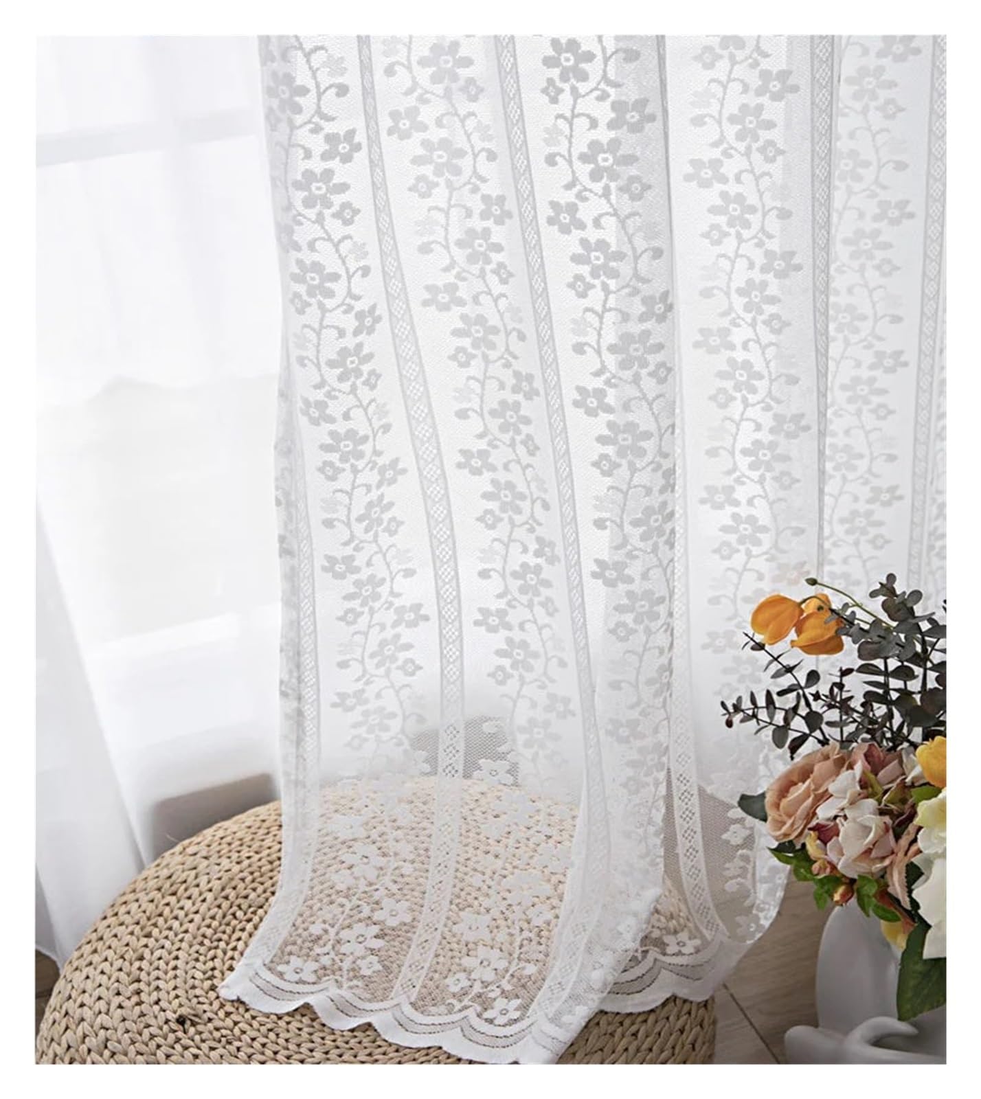 Rideaux de gaze en dentelle blanche 500x260cm avec tulle à rayures pour fenêtre