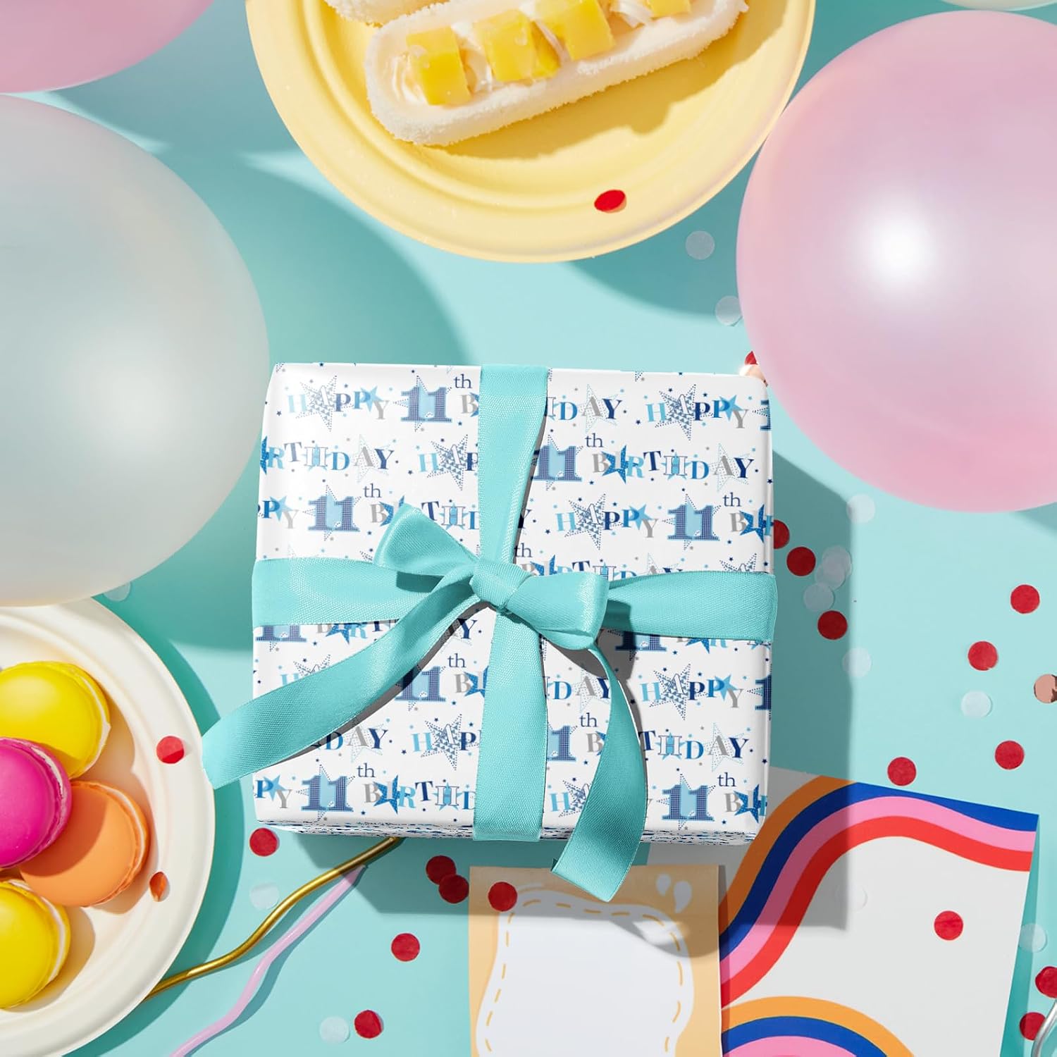 LeZakaa 11th Birthday Wrapping Paper Roll - Blue Happy 11th Birthday With Heart Gift Wrap for for Age11 Teens, Kids, Boys - Mini Roll - 17 inches x 16.4 Feet (23.2 sq.ft.) image 4