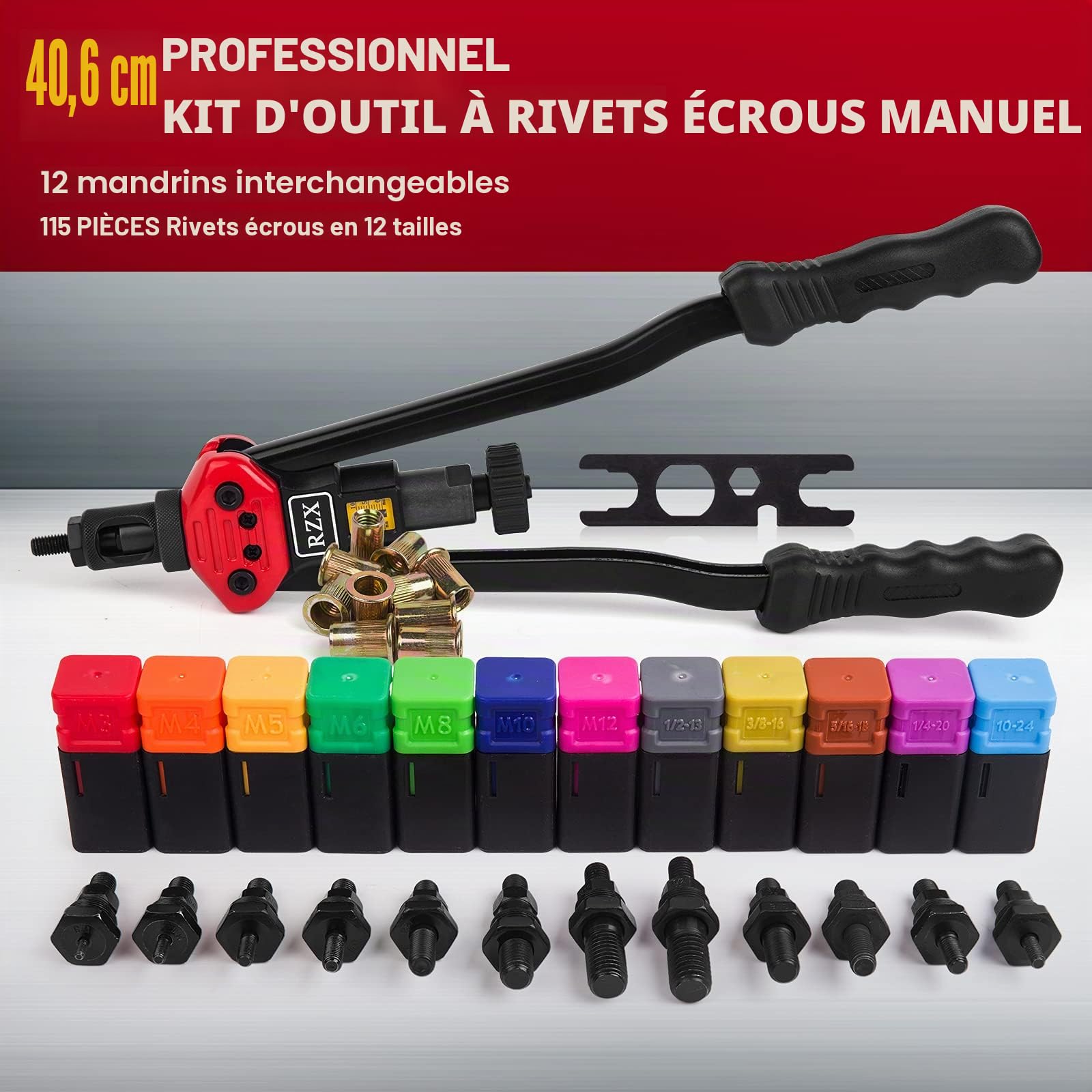 RZX Riveter aveugle à riveter, outils de rivetage RIVNUT avec système de réglage d'écrous au total 12 mandrins M3 M4 M5, m6, m8, m10 M12, 10-24, 1/4-20, 5/16-18,3/8-16,1/2-13 +11 5 écrous à rivets