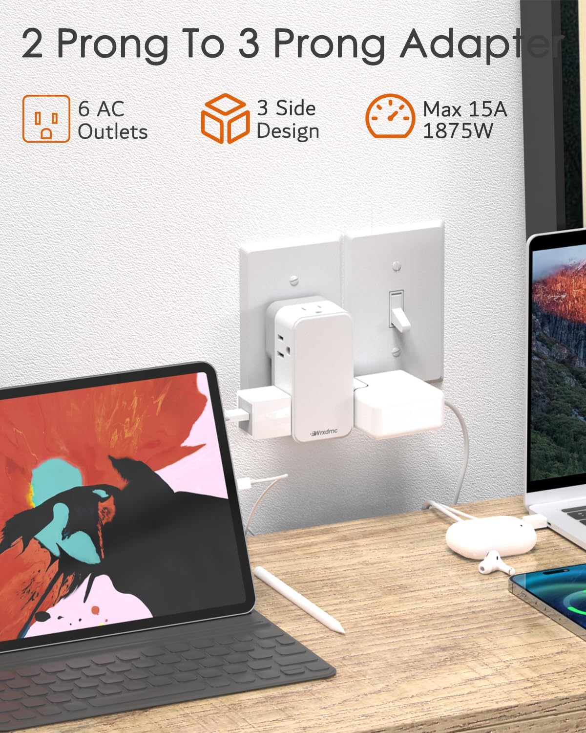 Multi Plug Outlet Adapter,WRXDMC Outlet Extender with 360° Rotating Plug, 3-Sided Wall Charger with 6 Widely Spaced Outlet, 1875W MAX Power Strip,Ideal for Home Office Kitchen Travel