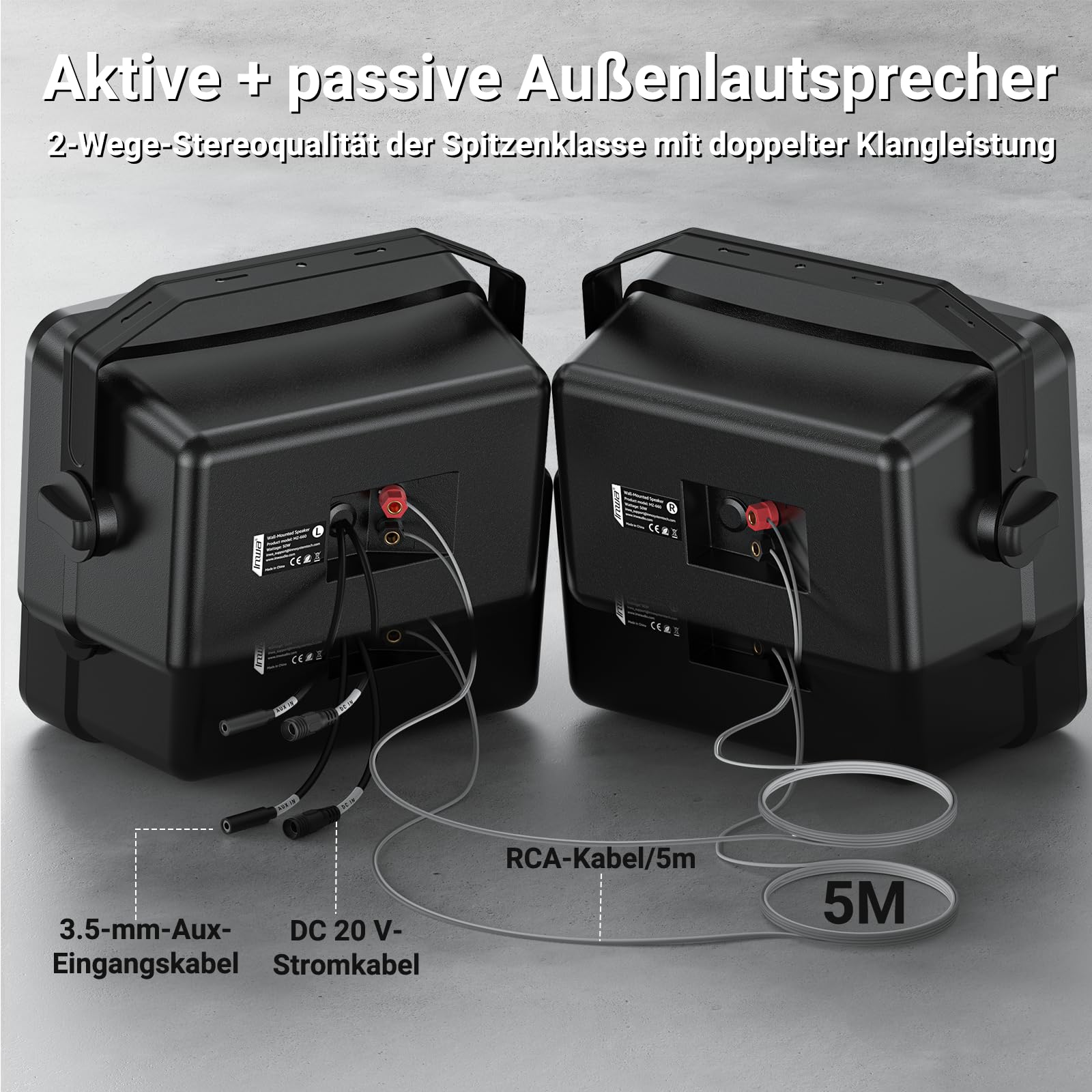Inwa Outdoor Bluetooth 500W Lautsprecher, Aktiv/Passive Wandhalterung, IPX5, Stereo, Paar, MZ660, RMS 50W