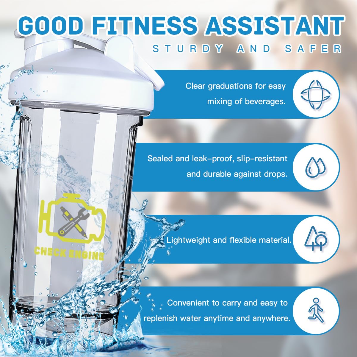 Check Engine Light Mechanic Auto Repair 5 18 Ounce Shaker Bottle Drink Mixer Leak-proof Pre Workout Protein Shakes Meal Replacement Shakes Bottles 500ML/18 Oz White-1