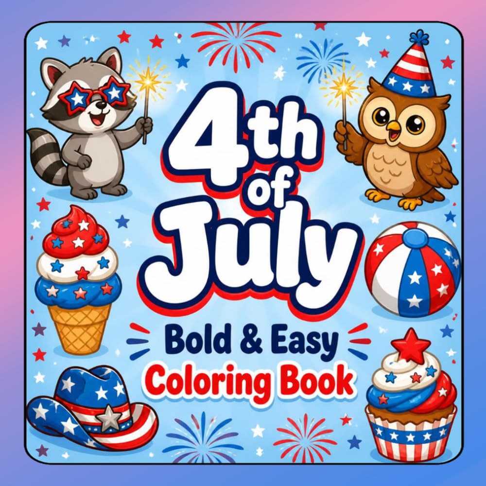 4th of July Bold & Easy Coloring Book: Fun and Simple Independence Day Coloring Pages with Fireworks, Cupcakes, Animals & More