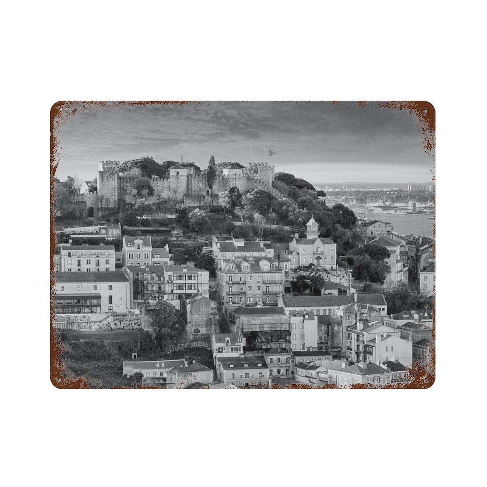 xiaoxiaoshen Black And White Lisbon Photo Decor Portugal Wall Decor Art Metal Tin Poster Modern Home Decor Art Home Bar Shop Decorations Vintage Sign 30x40cm