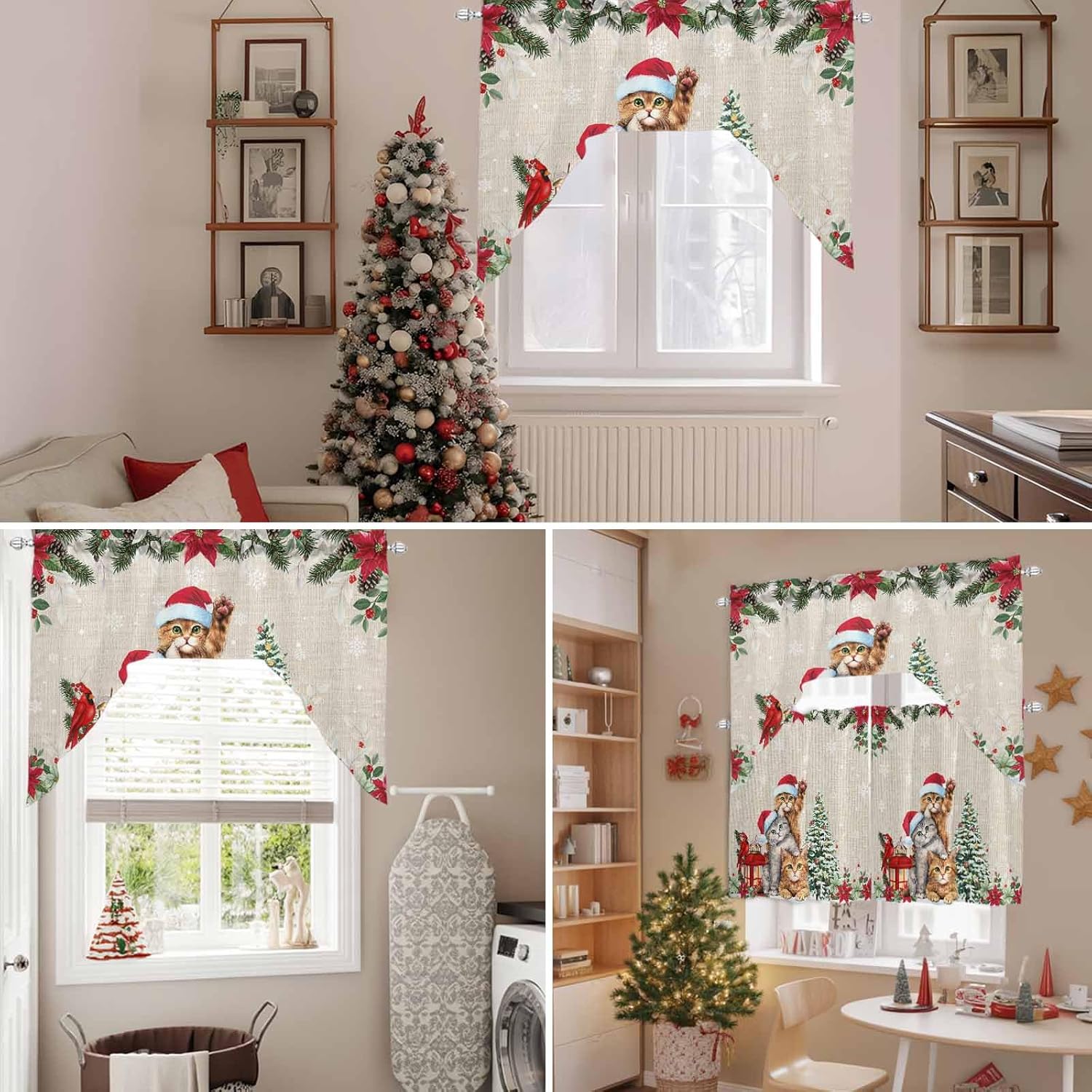 Christmas Cats Swag Kitchen Curtains Valance and Tier Set 24 Inch Length, Xmas Tree Poinsettia Botanical Linen Texture Rod Pocket Swag Curtains for Living Room Bedroom Bathroom Window Drapes 3 Piece