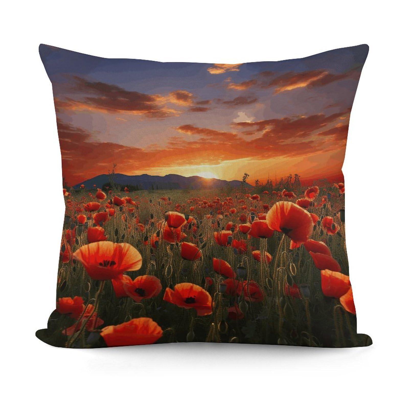 VstaDank Decorative Red Poppy Flower Field in Sunset Throw Pillow Covers Luxury Soft Pillowcases Fluffy Plush Accent Pillow Cases Personalized Square Lumbar Pillows Shells for All Seasons 18" X 18"