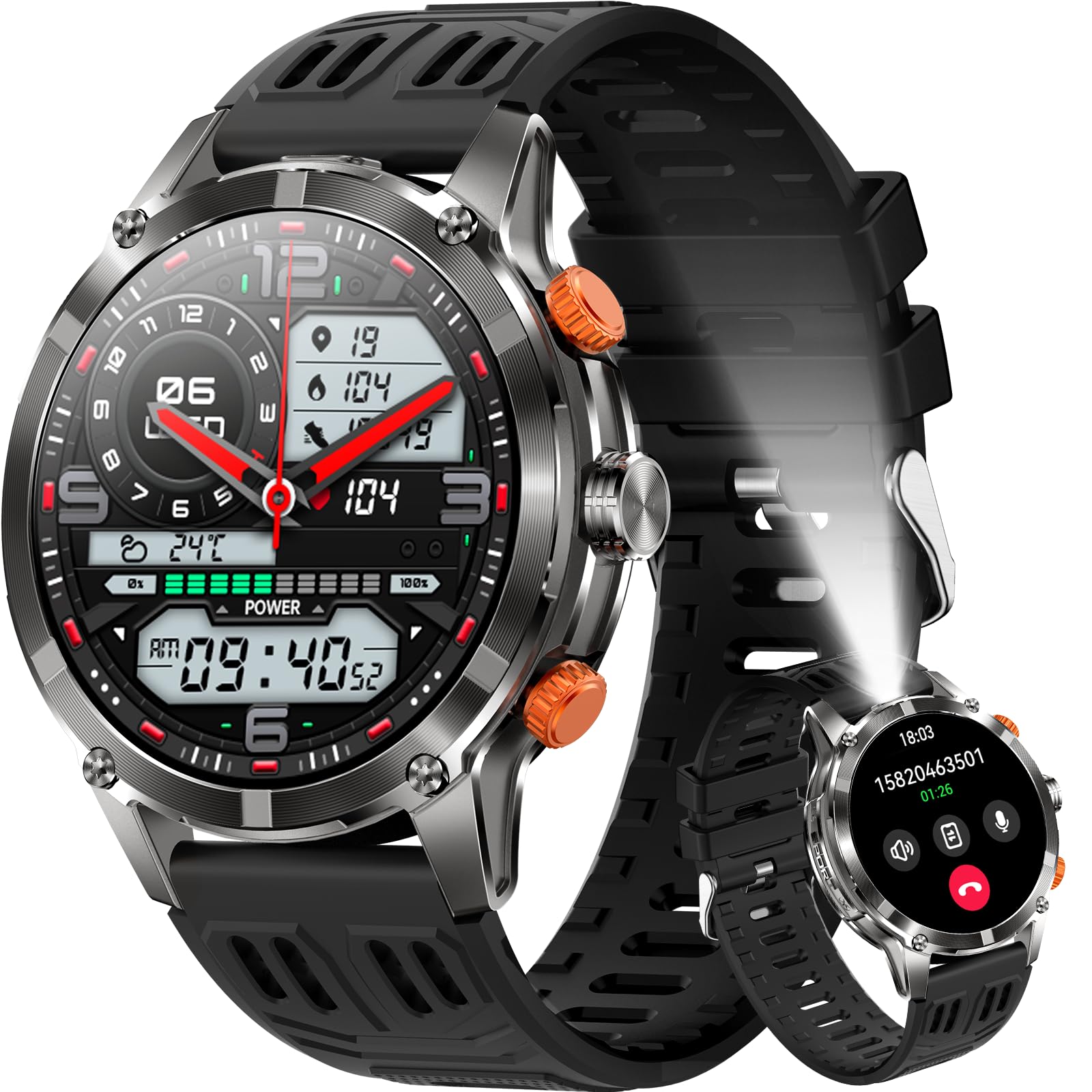 Military Smart Watch for Men(Make/Answer Call) with LED Flashlight 1.7" HD | Fitness Watch 530mAh Battery, Outdoor Sport Rugged Smartwatch with