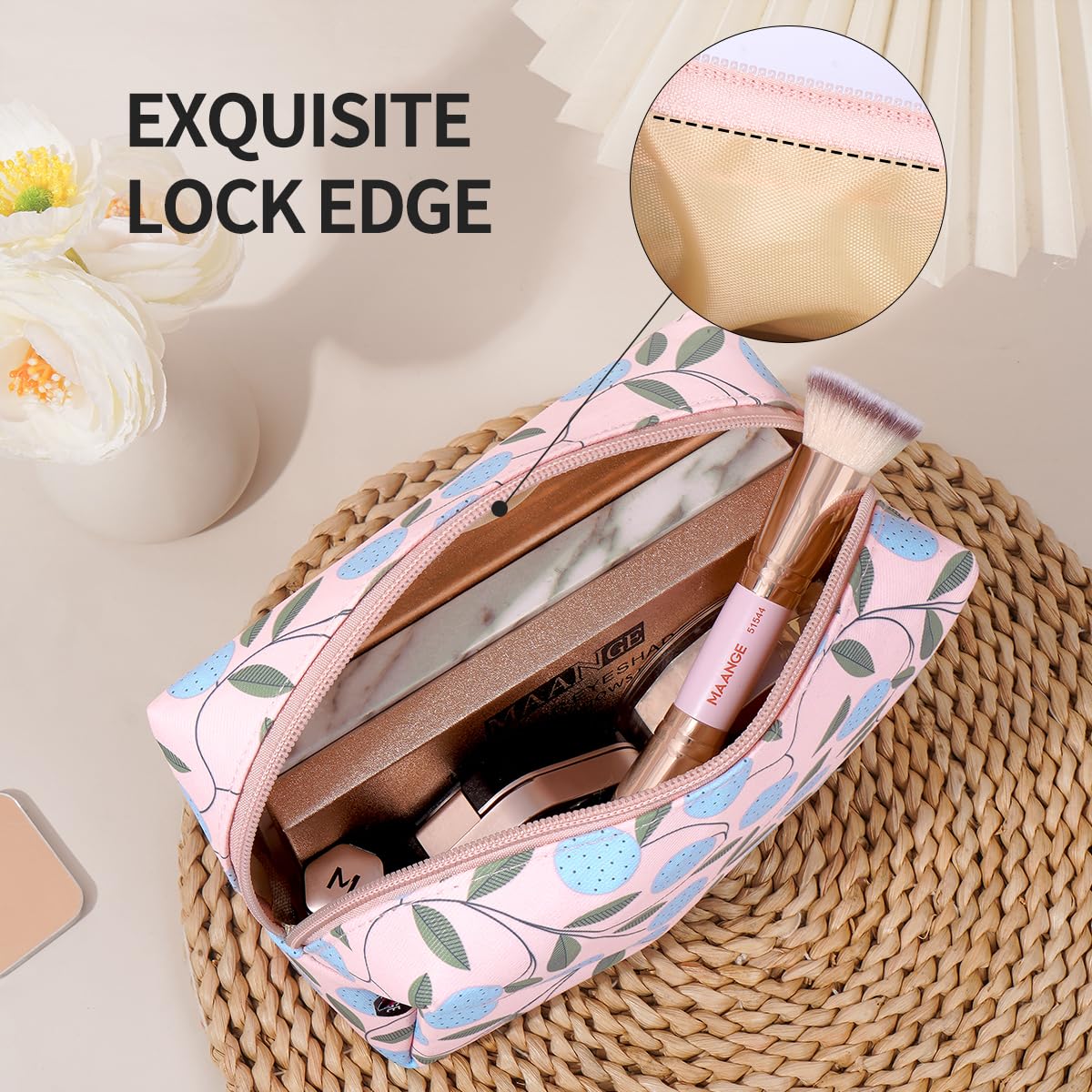 Small Cosmetic Bag MAANGE Travel Makeup Bag Makeup Pouch PU Leather Portable Versatile Zipper Make up Bag for Women(Plant) - Image 3