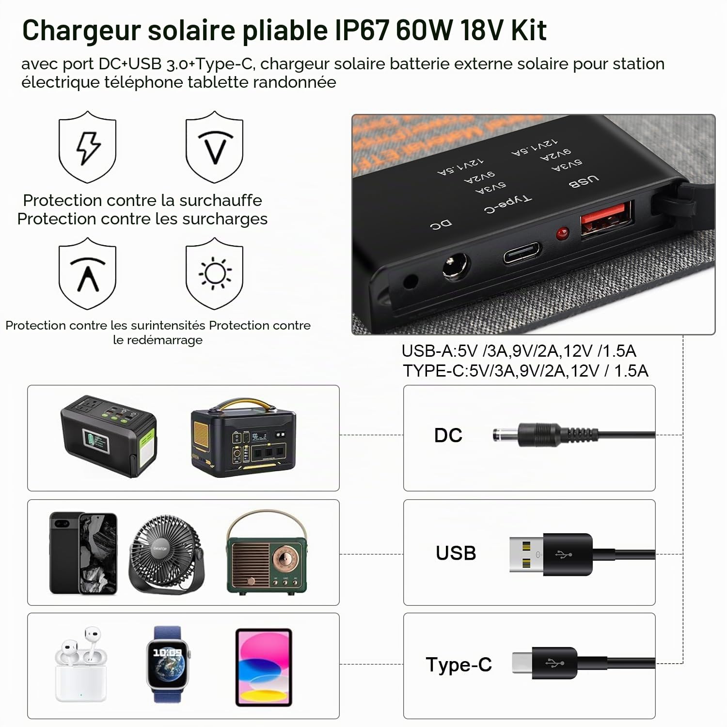 【Panneau Solaire Pliable 60W 18V】KWODE 60W Panneau Solaire Portable, ETFE IP67 Camping Chargeur Solaire Portable Puissant DC+USB3.0+Type-C Panneau PV pour Petit Générateur, Téléphone, Batterie Externe
