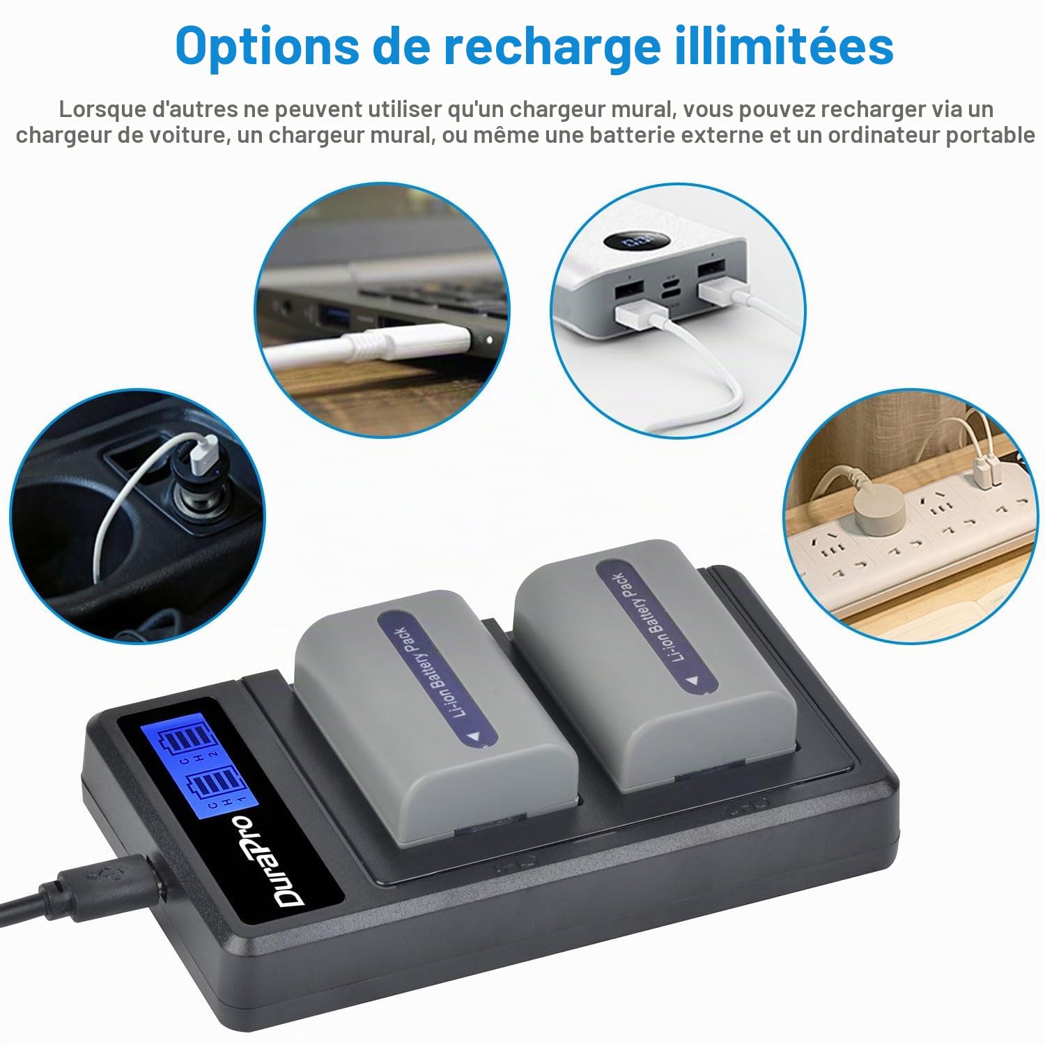 DuraPro Lot de 2 batteries NP-FP50 + chargeur LCD double USB pour Sony DVD203E, DVD205E