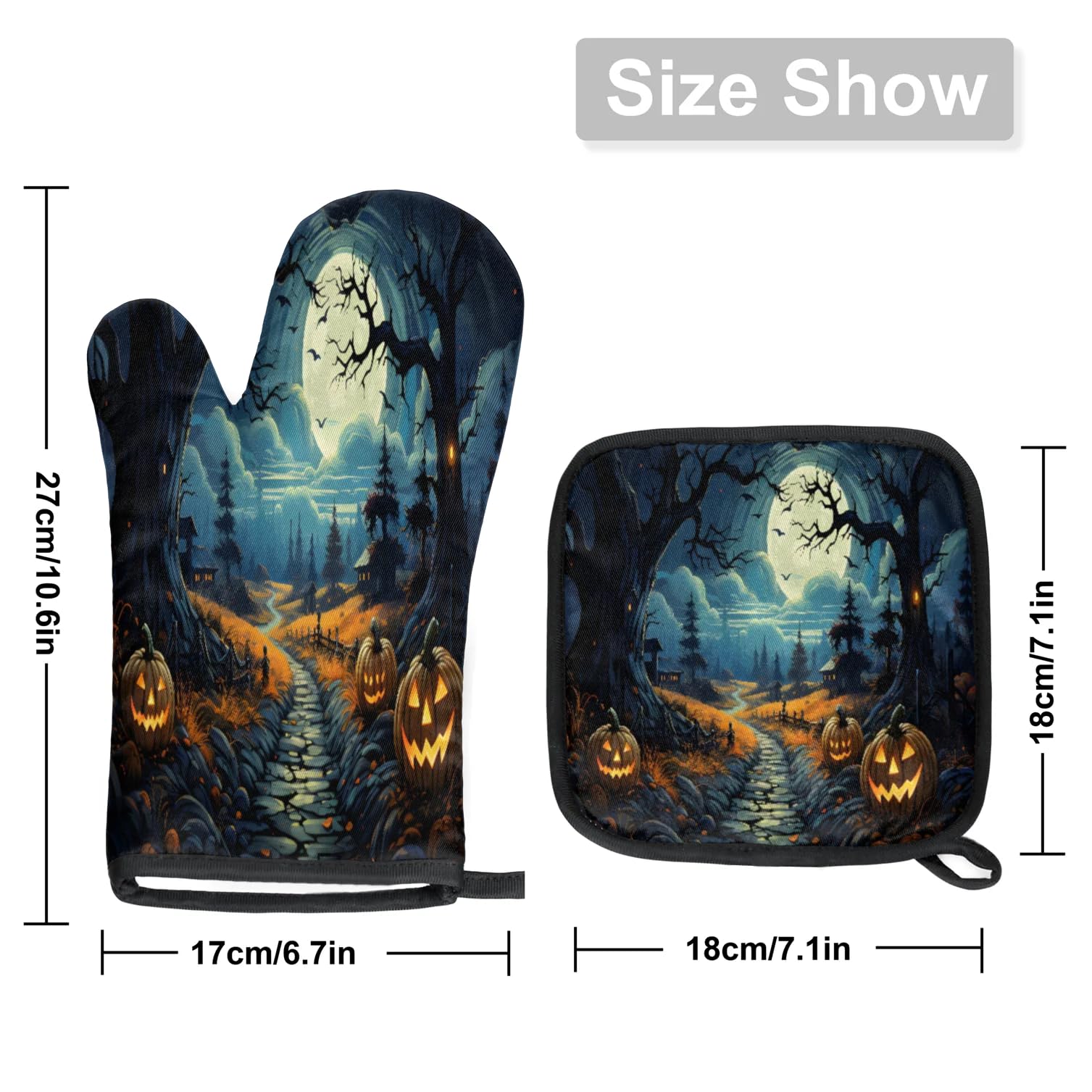 Halloween Pumpkin Light Tree Oven Mitts Kitchen Oven Gloves for Cooking Baking Heat Proof Lining Cotton Kitchen Potholder Mittens Pot Holders Hot Pads for Chef Women Men