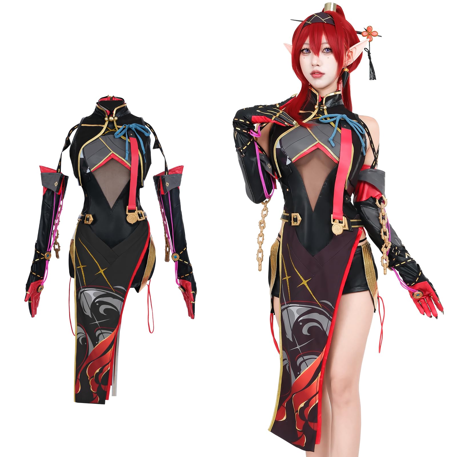 Fiamll Yinlin Cosplay Black Cheongsam Costume Wuthering Waves Game Character Uniform Complete Set Halloween Carnival Party for Women Girls Dress Up Suit