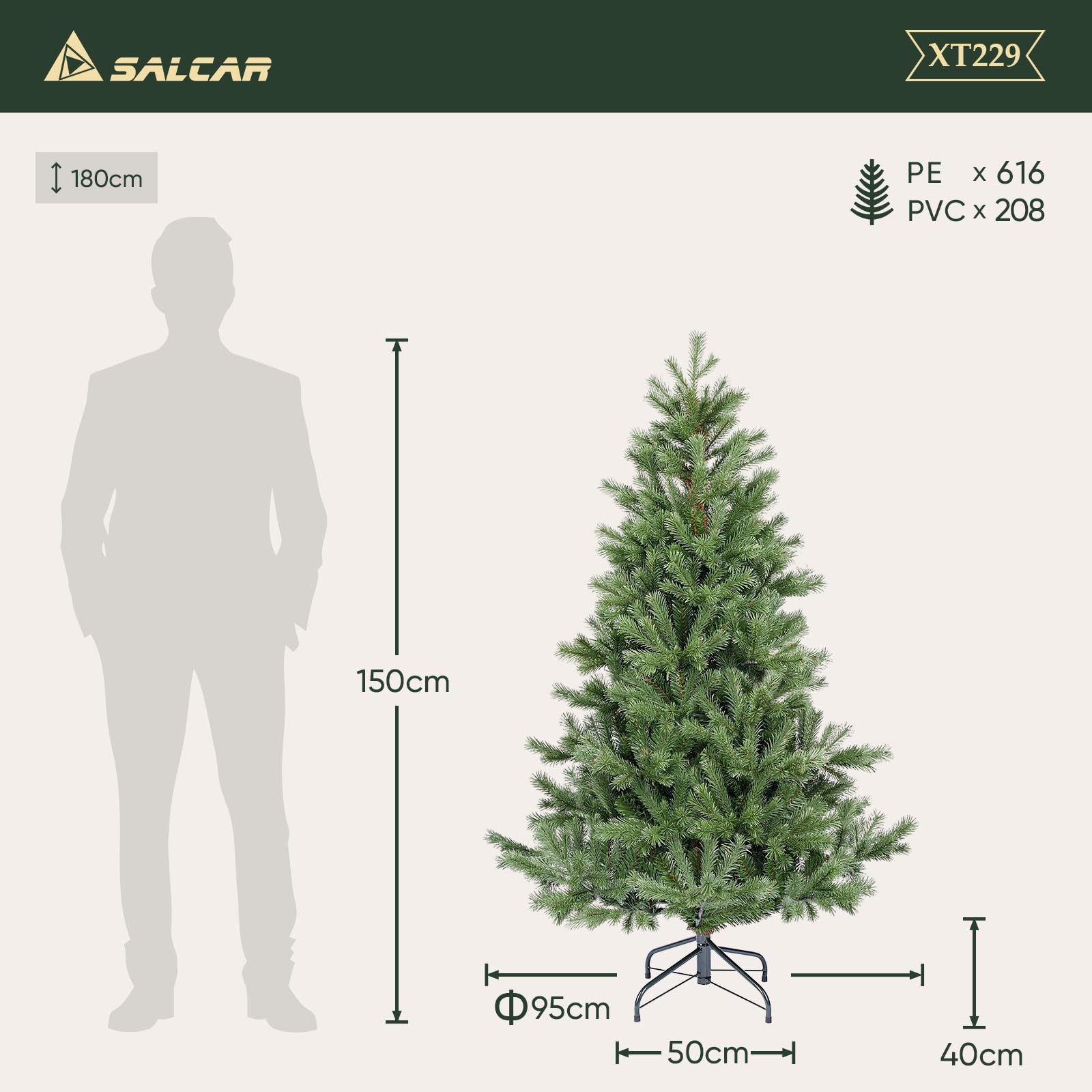 SALCAR Künstlicher Weihnachtsbaum 150 cm aus 90% PE Spritzguss, Premium Nordmanntanne, realistischer Christbaum mit Schnellaufbau Klappsystem