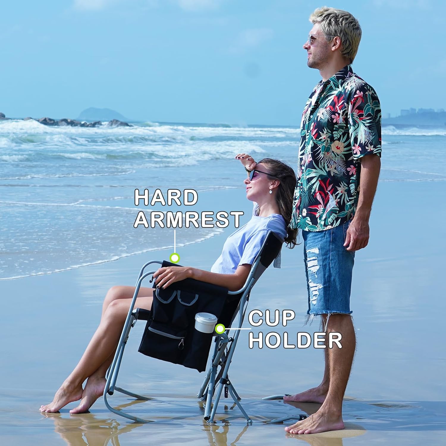 FUNDANGO Rocking Camping Chair for Adults, Oversized Portable Rocking Chair Outdoor Folding with Cooler and Side Pocket for Outside, Backyard, Patio, Lawn, Garden (Black/Grey)