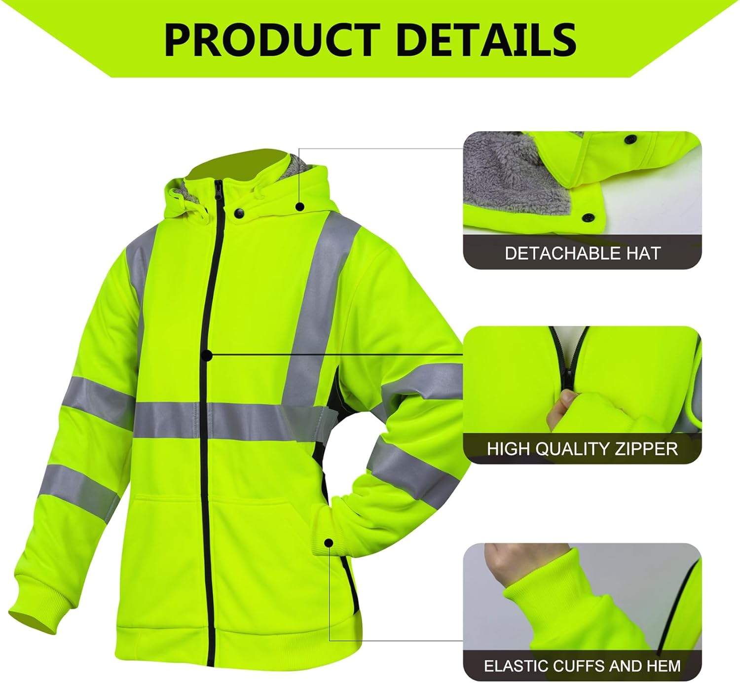 High Visibility Safety Sweatshirt for Women Reflective Fleece Inner Hi Vis Construction Work Hoodie with Detachable Hat Full Zip - Image 4