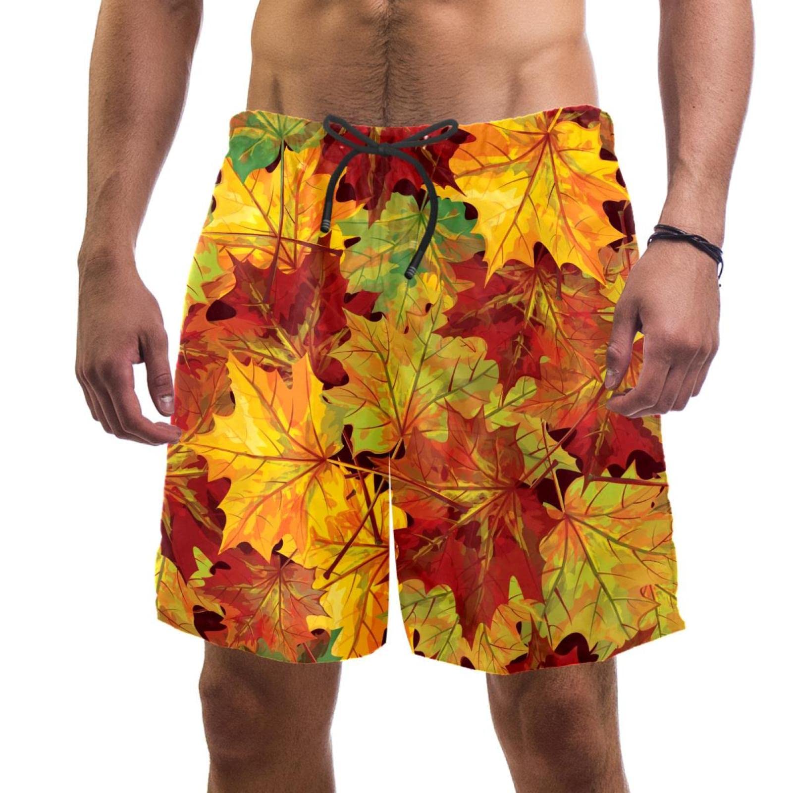 SOLJEOP Autumnal Leaves Swim Trunks Elastic Swimsuit Board Shorts Beach Shorts with Pockets for Men