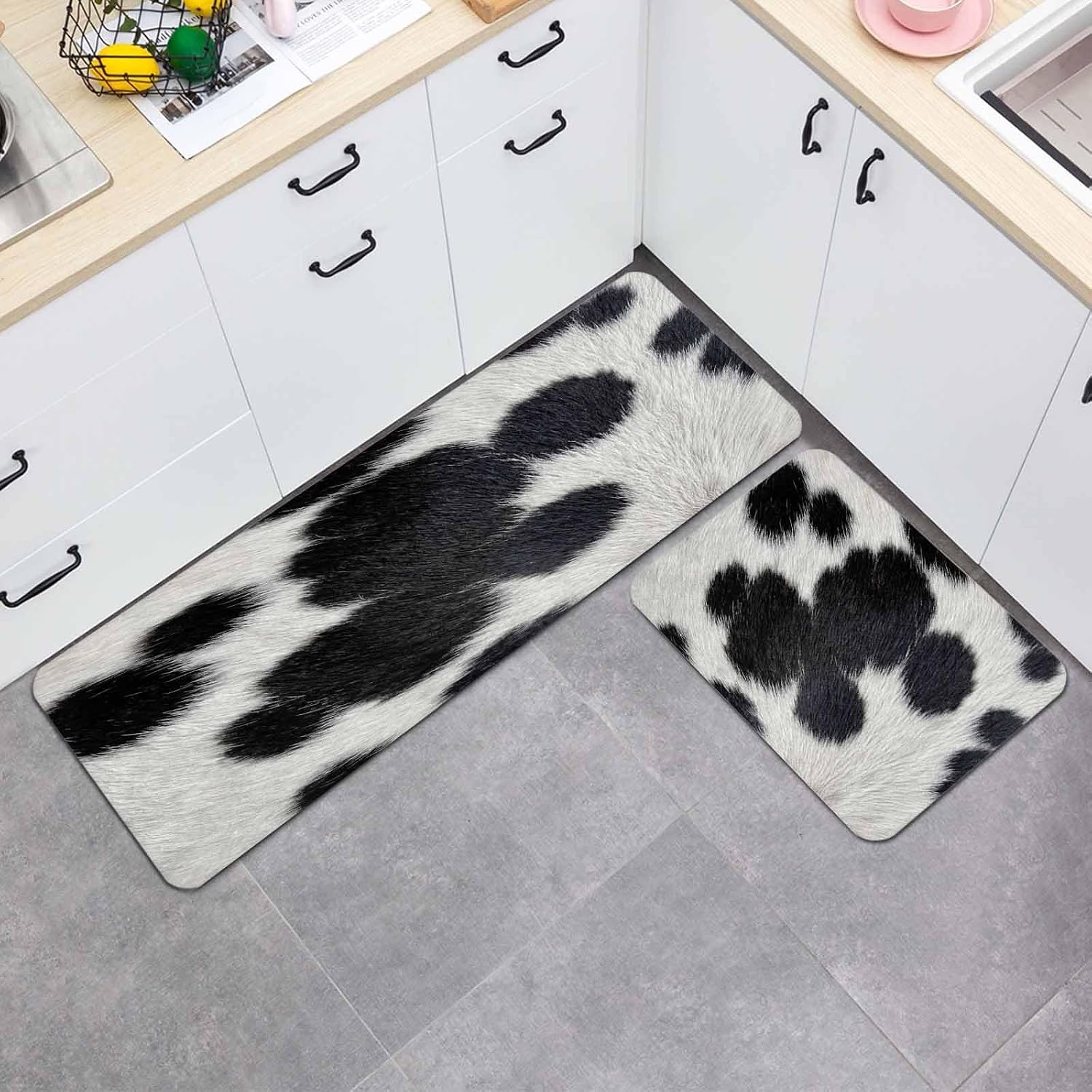 Cowhide Texture Kitchen Mat Set 2 Pieces Country Farm Cow Animal Classic Black White Spots Non Slip Kitchen Rugs Washable Runner Rug Mats for Floor Sink Laundry Office 19.7" x 31.5"+19.7" x 47.2"