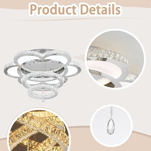 Miniatura 6 de W40 - Lámpara de araña de cristal moderna de montaje empotrado con control remoto para sala de estar, cocina, isla, dormitorio, pasillo, entrada,