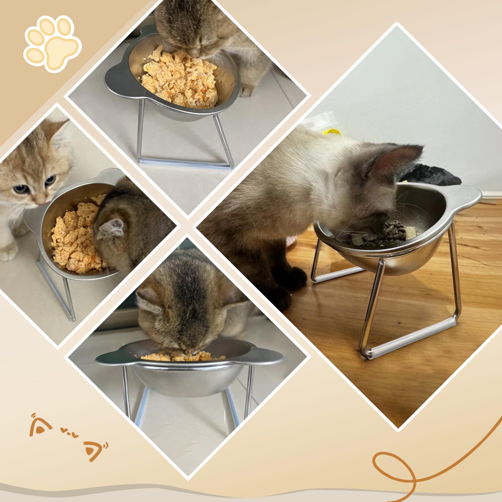 Erhöhter Katzennapf mit 15° Neigung - 5,9 Zoll 304 Edelstahl Erhöhte Schale für kleine Katzen & Hunde, inklusive 1M DIY Silikonhülle.Ergonomisches Design hilft, Erbrechen & Schnurrhaare Stress zu