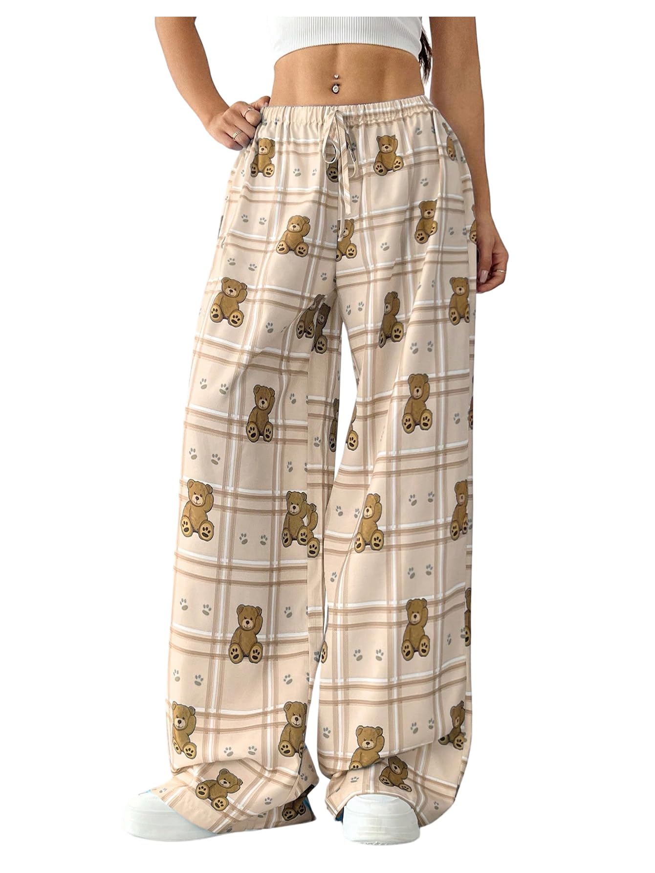 SweatyRocks Womens Casual Loose Wide Leg Pants Elastic Waist Plaid Bear Print Long Trousers