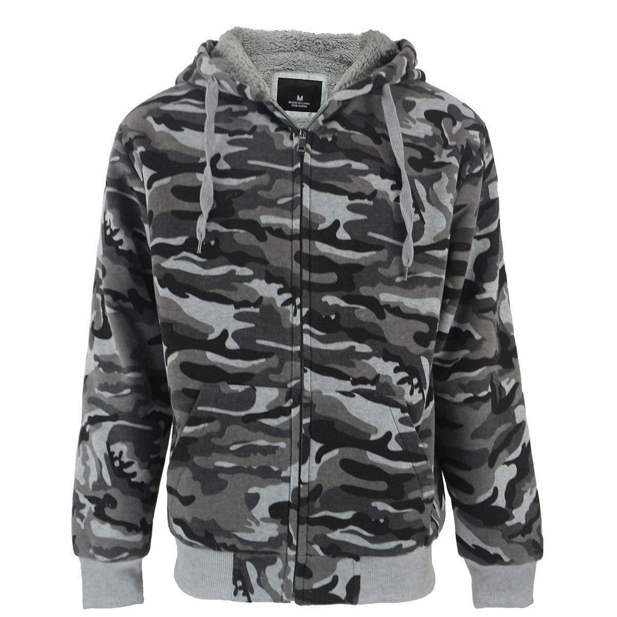 Heavyweight Sherpa Lined Full Zip Up Camo Fleece Hoodie for Men Winter Grey Blue Green Mens Sweatshirts Jacket (Camo Grey, L)