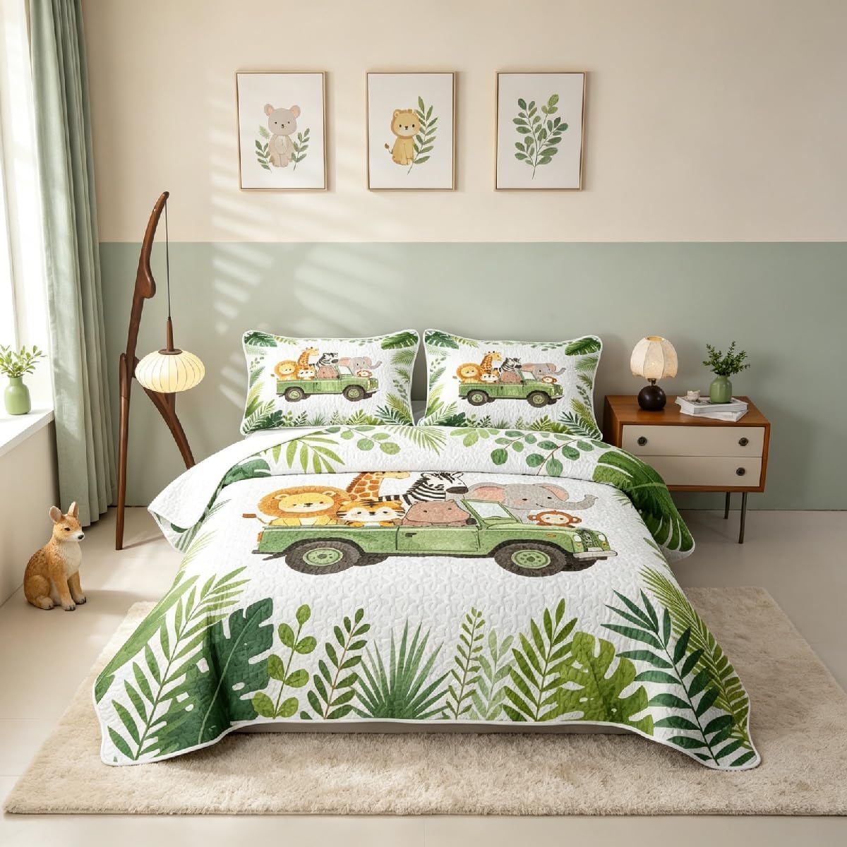Cute Frog Quilt Set Twin Green Eucalyptus Quilted Bedding Cartoon Animal Pattern Bedspread Coverlet Wildlife Butterfly Quilt Comforter Lightweight Quilted Blanket for Hot Sleepers Boys Girls