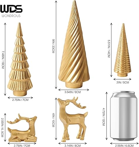 Miniatura 3 de WDS WONDROUS Decoración navideña de renos y mini árboles dorados, estatuas de reno de resina y figuras de árbol de Navidad para decoración interior