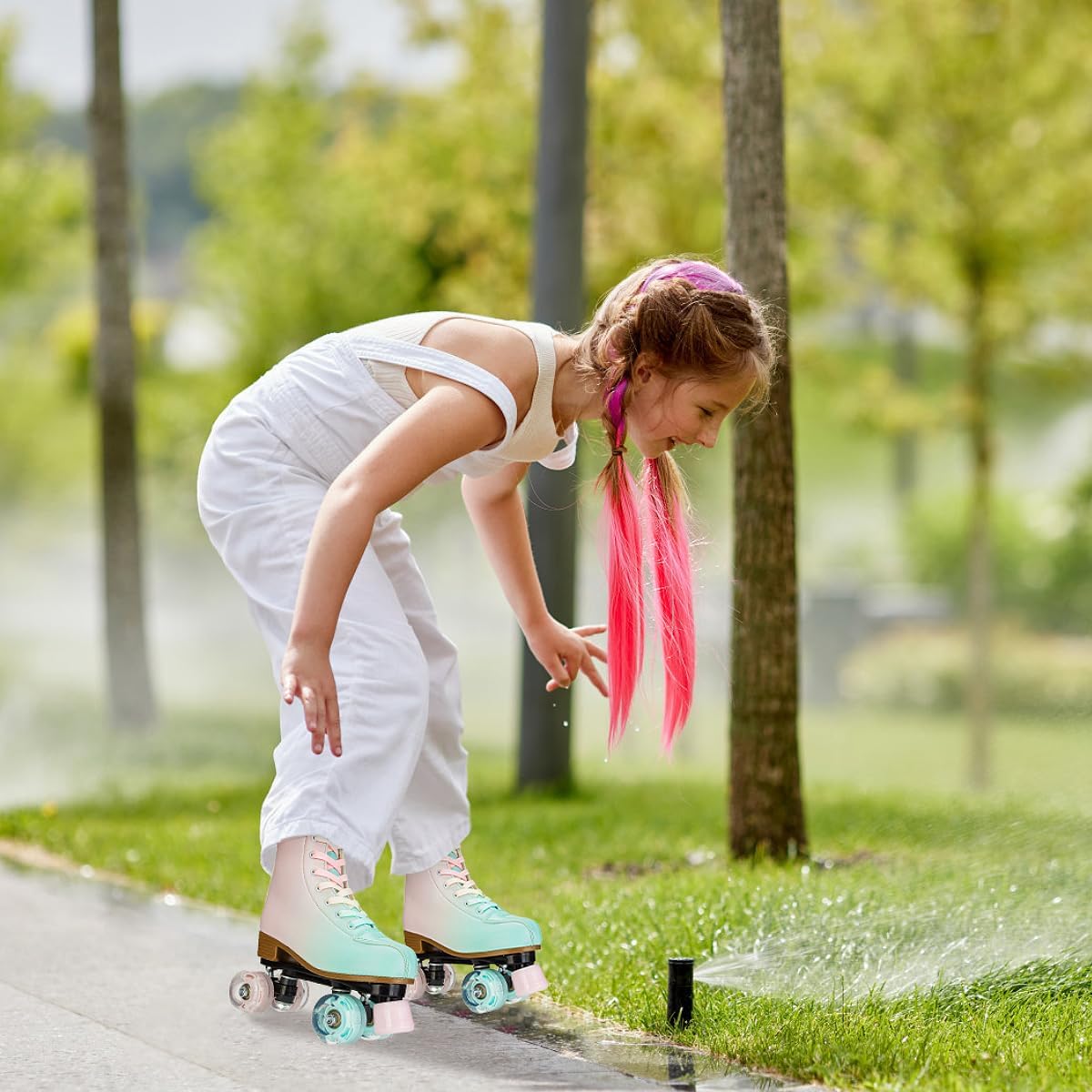 YYW Roller Skates for Girls Women Light Up Roller Skate Double Row Rollerskate Gradient PU Quad Skates Shoes for Kid Ages 8-12 Beginner