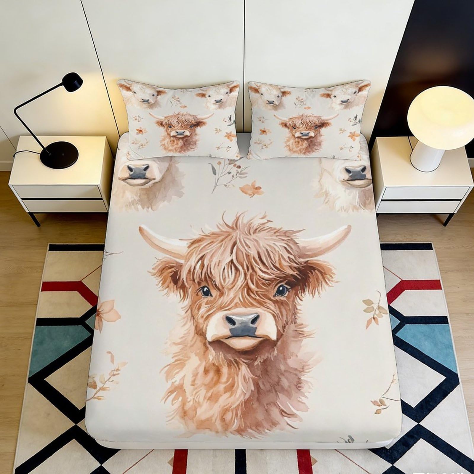 3D Printed Highland Cow Fitted Sheet Microfiber Soft Breathable Cartoon Cattle Mattress Cover for Bedroom Dorm Protection Decor 200x200x25cm