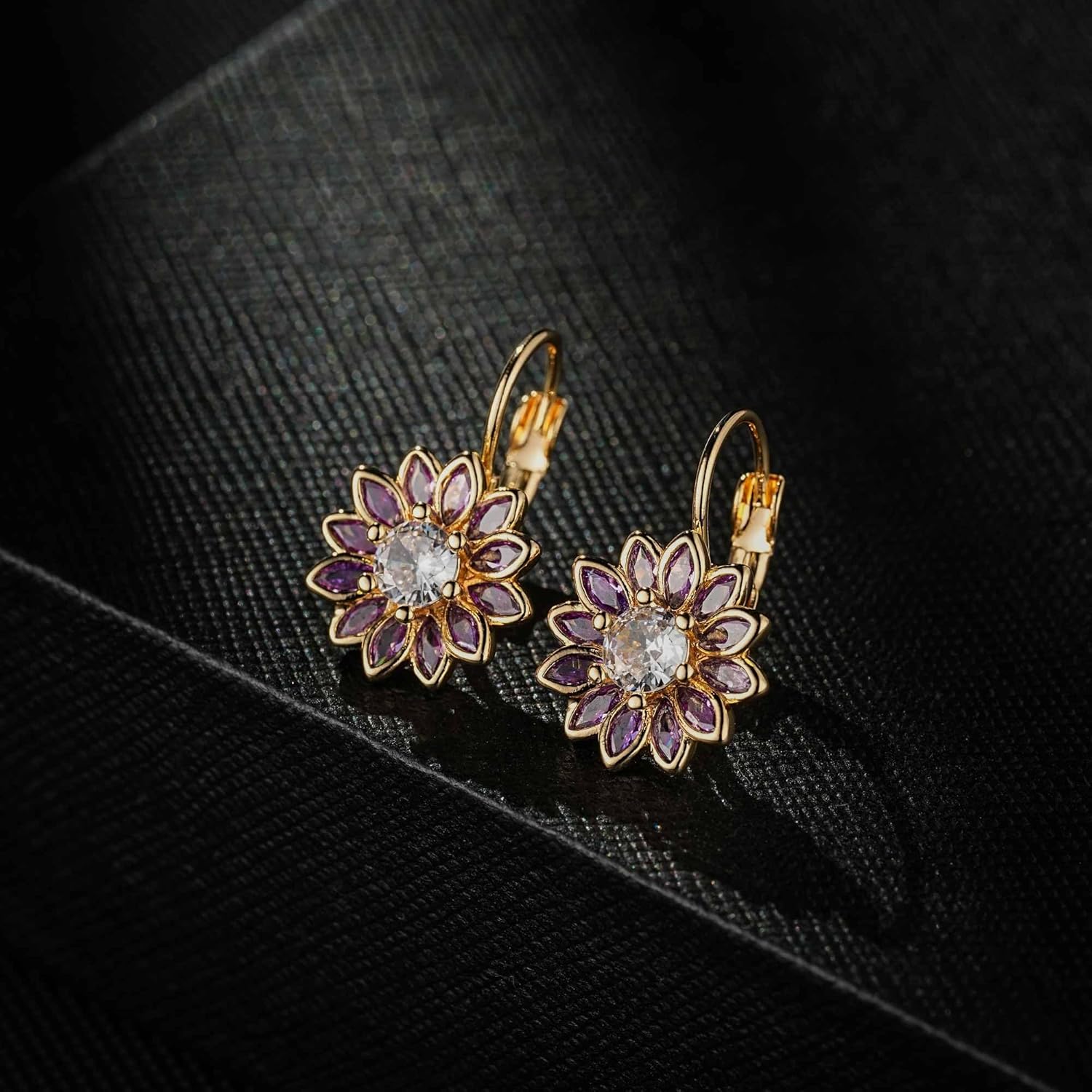 Austrian Crystal Flower Drop Leverback Earrings for Women Fashion 14K Gold Plated Hypoallergenic Jewelry - Image 3