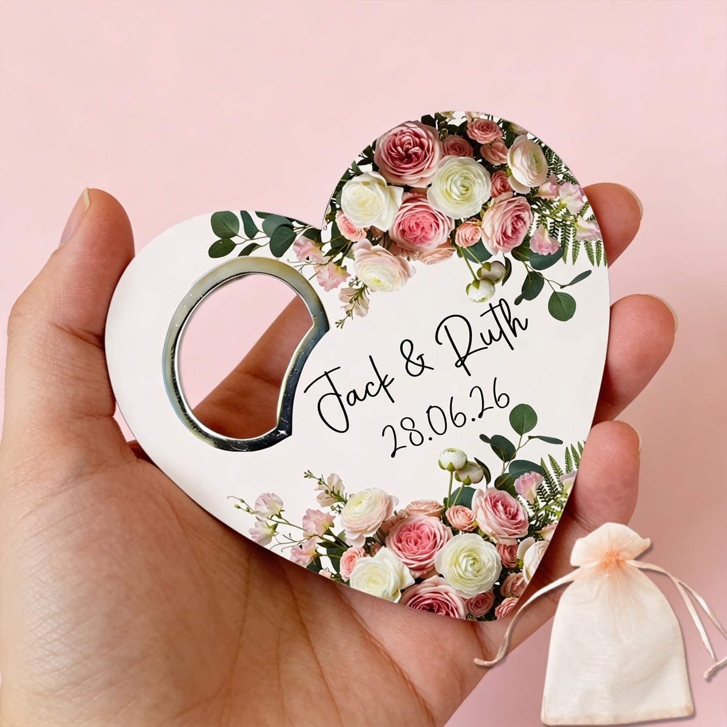 20-500pcs Bulk Custom Heart Shaped Bottle Opener Magnet with Gift Bag | Personalized Wedding Favors for Guests | Bridal Shower & Anniversary Keepsake (Bottle Opener + Gift Bag) (Design 15)