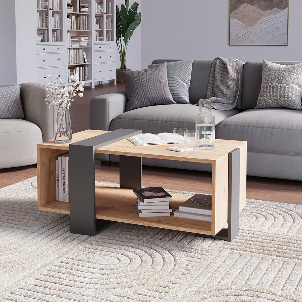 Vicco Tavolino Aven, Antracite/Rovere dorato, 91.5 x 52 cm, con ripiano aggiuntivo per libri e riviste