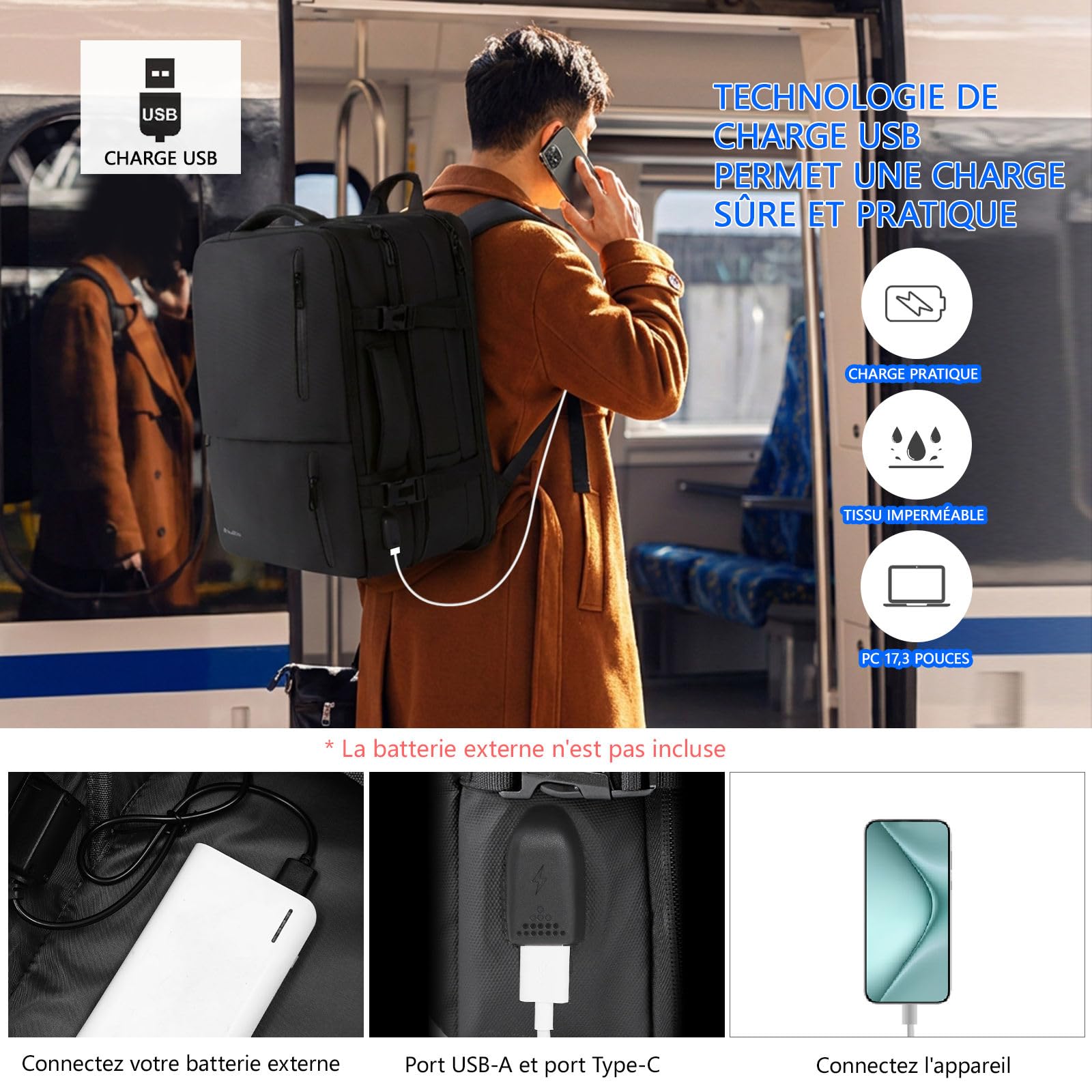 KINGSLONG Sac à Dos Cabine Avion avec Pompe à Vide Intégrée, Sac à Dos | Voyage Compression Sous Vide pour Homme, Extensible 46L, Sac Ordinateur Portable 19 Pouces, USB, Résistant à l'Eau, Business