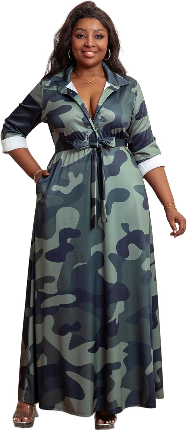 Plus Size Dresses for Curvy Women Stretchy Shirt Dress with Belt Pockets