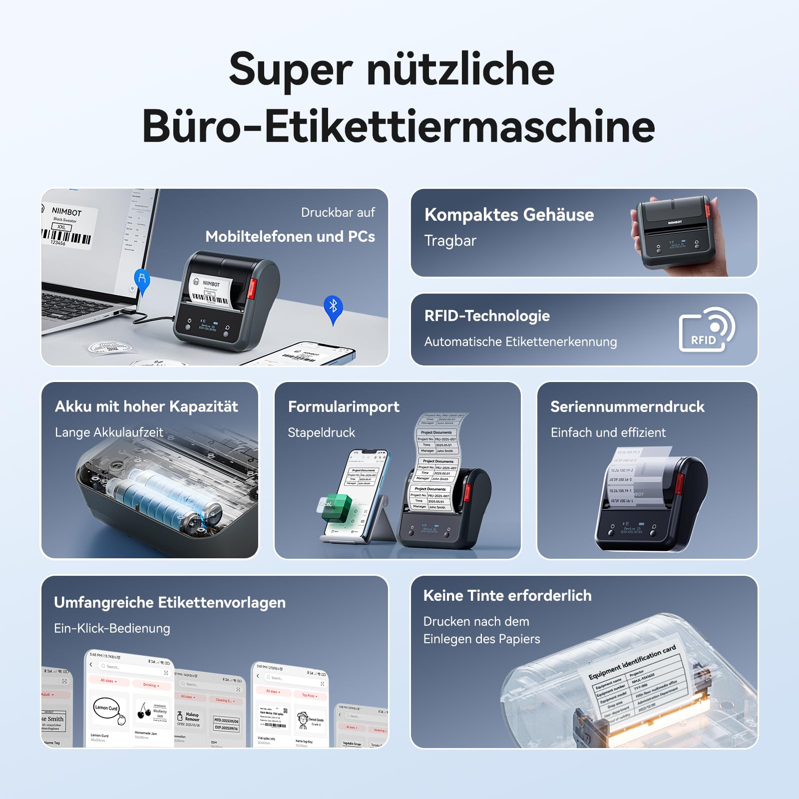 NIIMBOT B3S Etikettendrucker mit großformatigen Etiketten Selbstklebend 70 x 40mm, Tragbarer Etikettiergerät Bluetooth Label Printer für Barcode,Adresse, Büro, Einzelhandel, Schwarz
