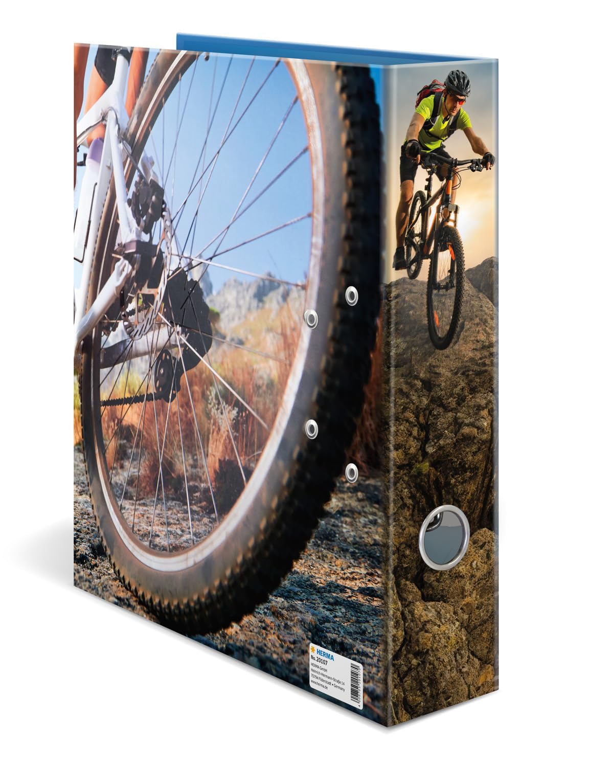 HERMA Segregator A4 do roweru górskiego, grzbiet 70 mm, wytrzymała teczka z motywem sportowym, błyszczące wykończenie i nadruk wewnętrzny, segregator kółkowy dla dzieci, segregator archiwizacyjny