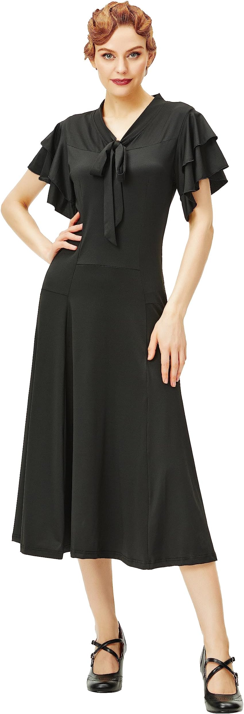 - Flapper Dress 1920s Vintage Ruffle Cocktail Tie Neck Party Gown