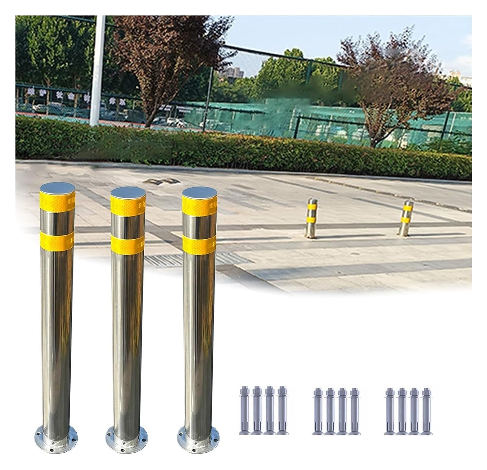 Bornes de sécurité réfléchissantes - Lot de 3 cônes de signalisation et poteaux métalliques pour allées et entrées de garage - Poteaux de sécurité durables avec base permanente (L 8,9 x H 75