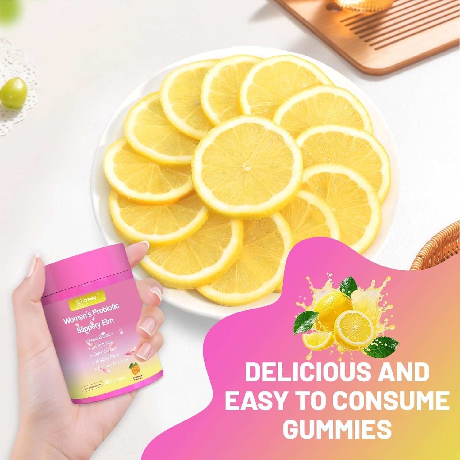 Her Juicy Feminine Probiotics Gummies for pH Balance - Slippery Elm, Lactobacillus Blend - Gut & Immune Support - Pineapple Gummies, 60 Count (Lemon) - Image 4